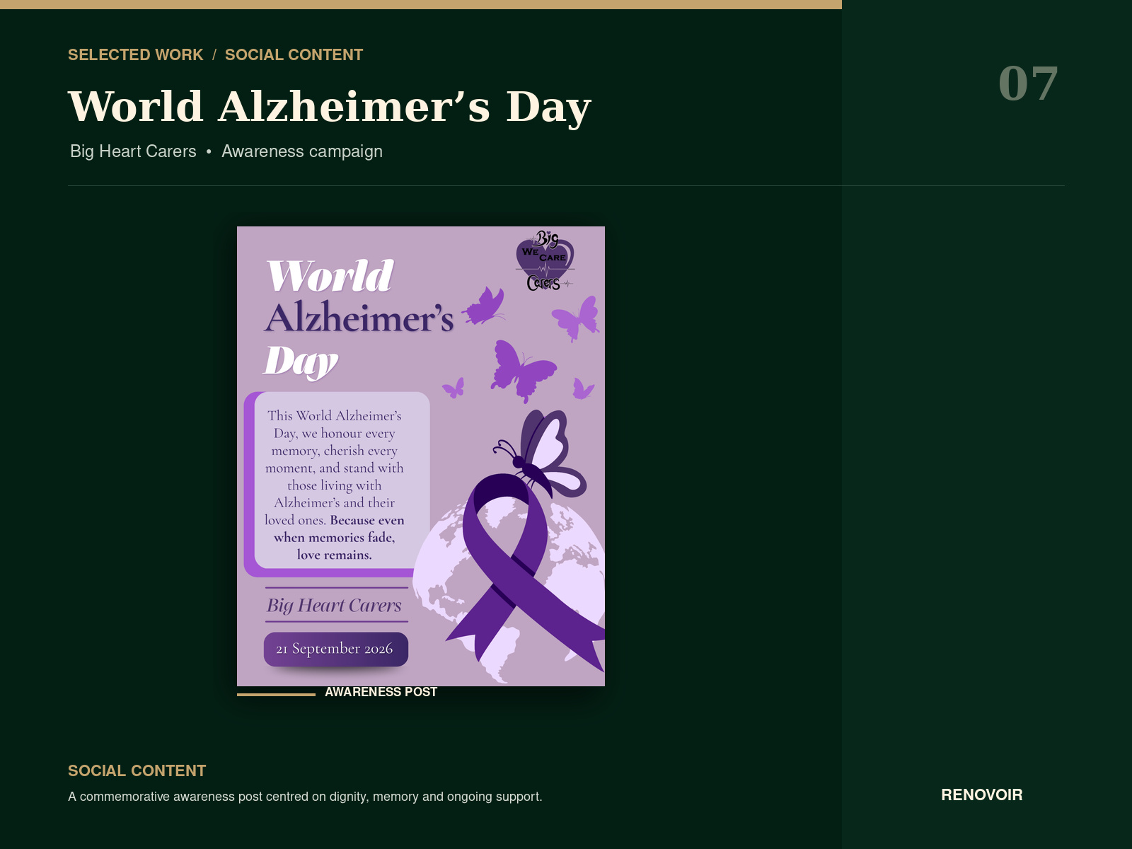 Big Heart Carers World Alzheimer’s Day awareness campaign design.