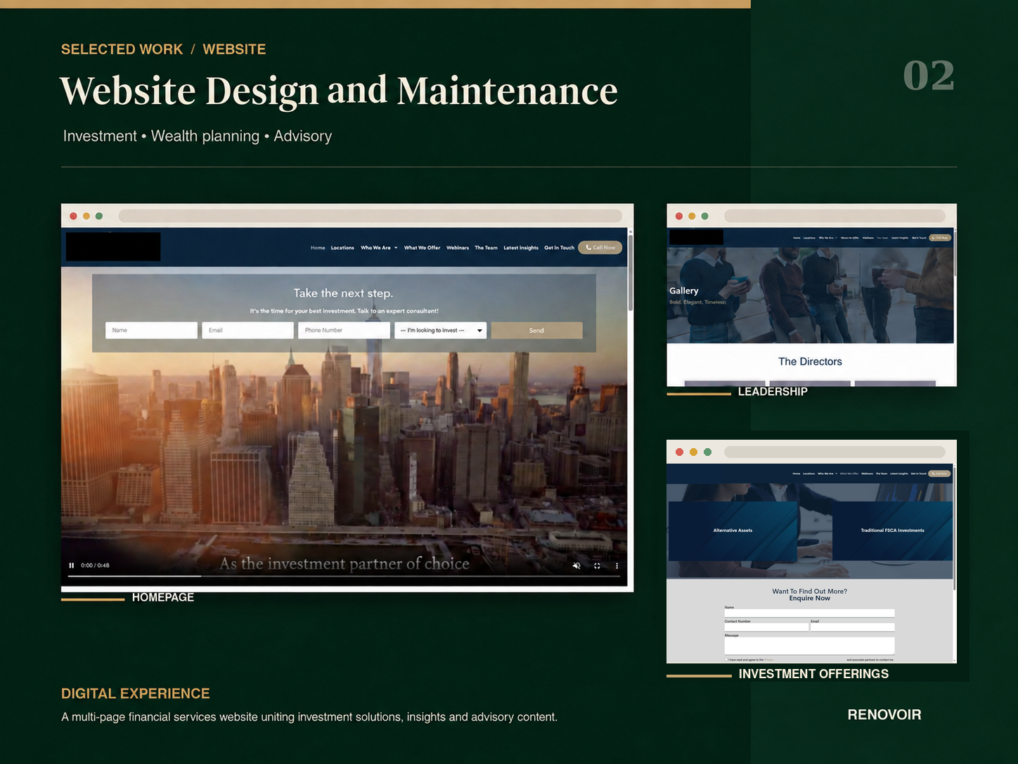 Redacted investment website design and maintenance presentation showing selected desktop page layouts.