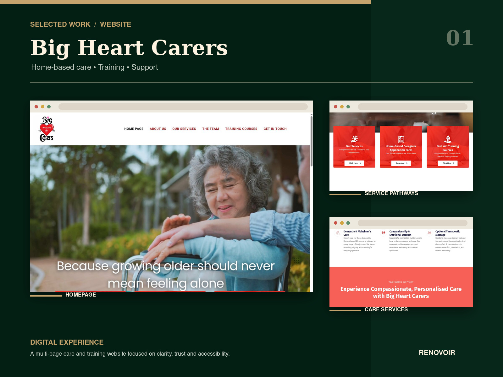 Big Heart Carers website design presentation showing desktop and mobile page layouts.