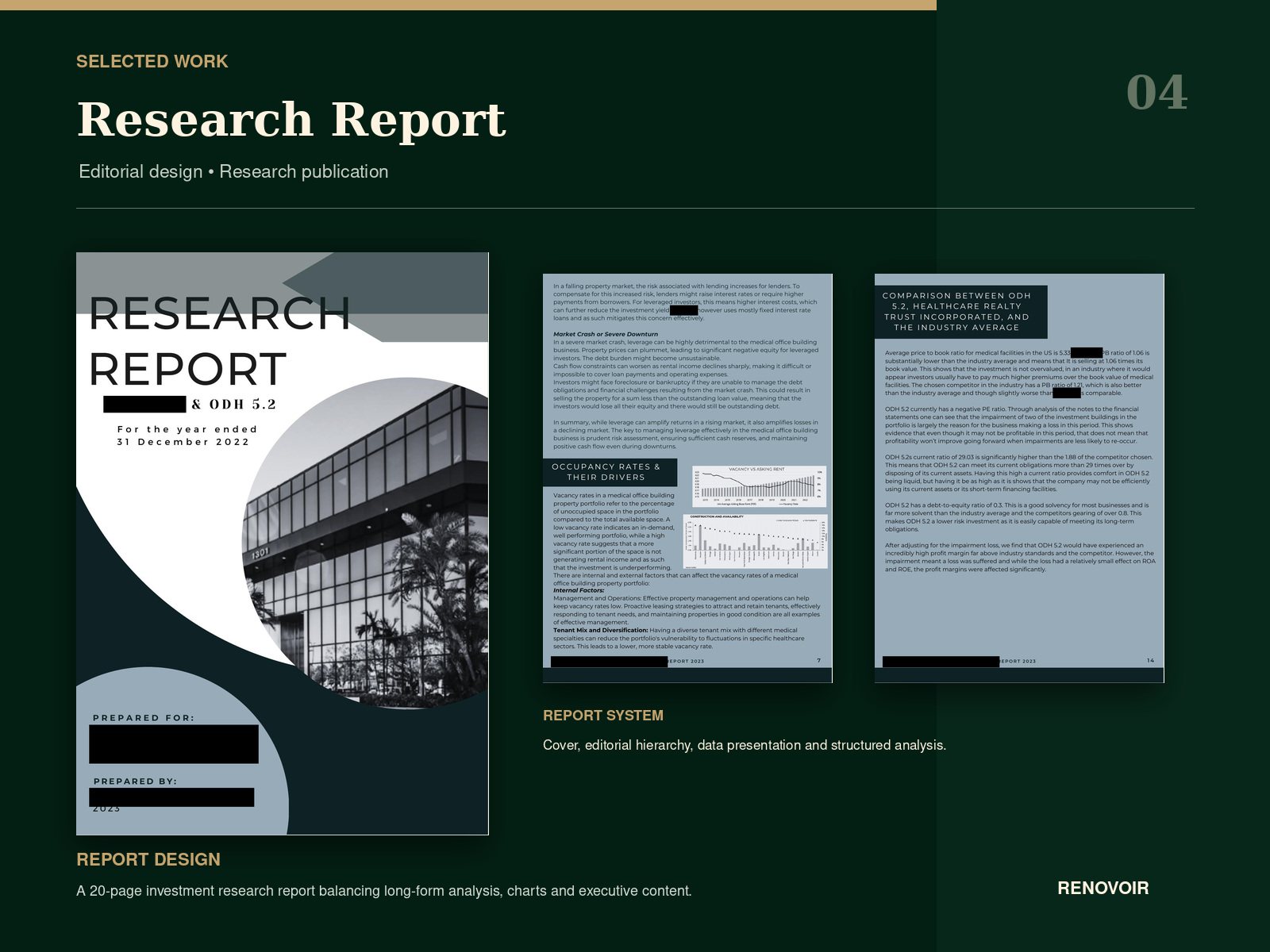 Research report editorial design presentation showing the cover and interior page layouts.
