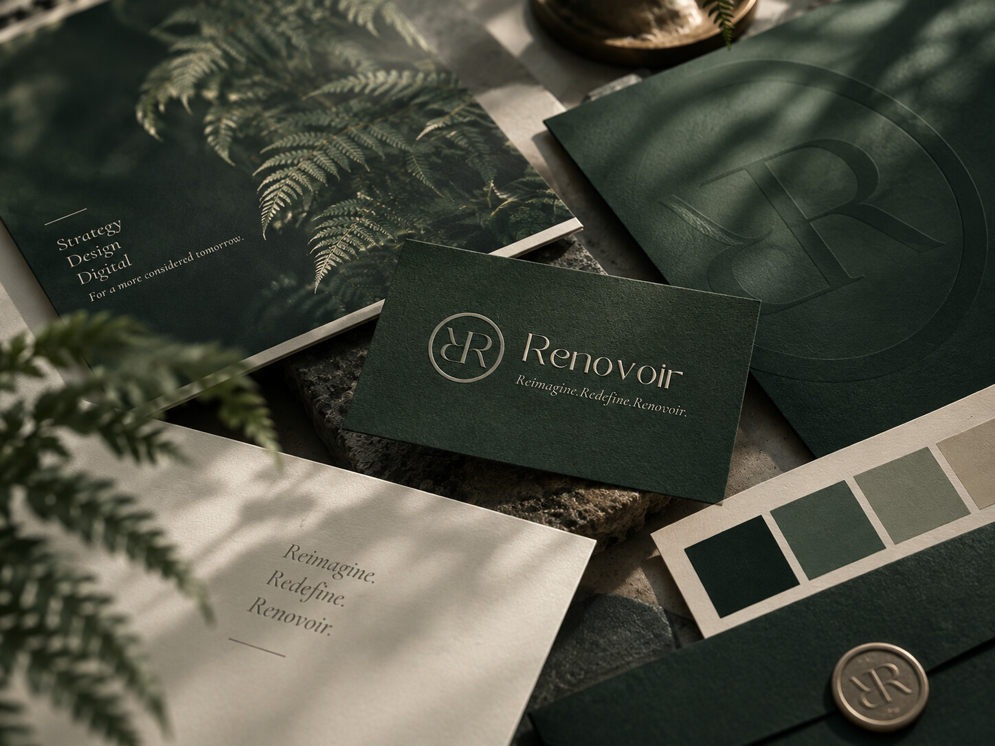 Renovoir stationery featuring the words Ideas, People, Culture and Impact.