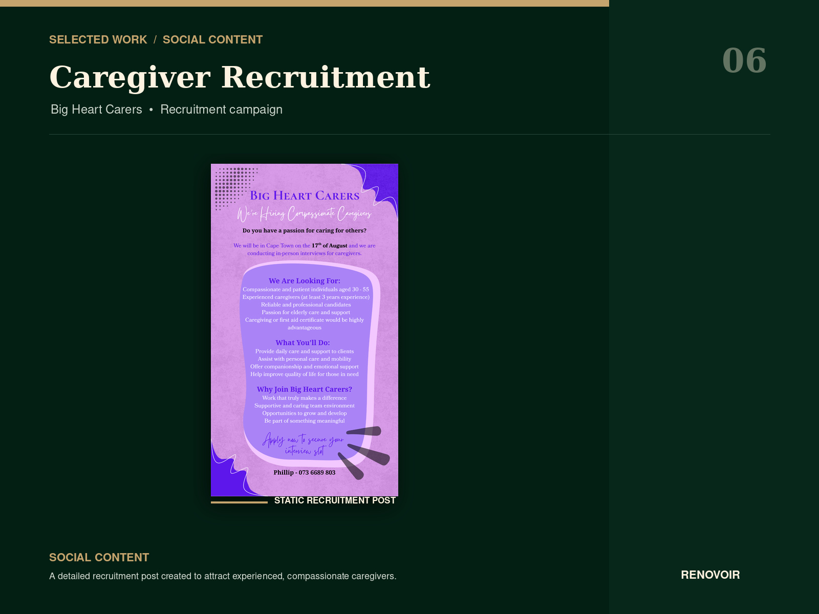 Big Heart Carers caregiver recruitment social-media campaign design.