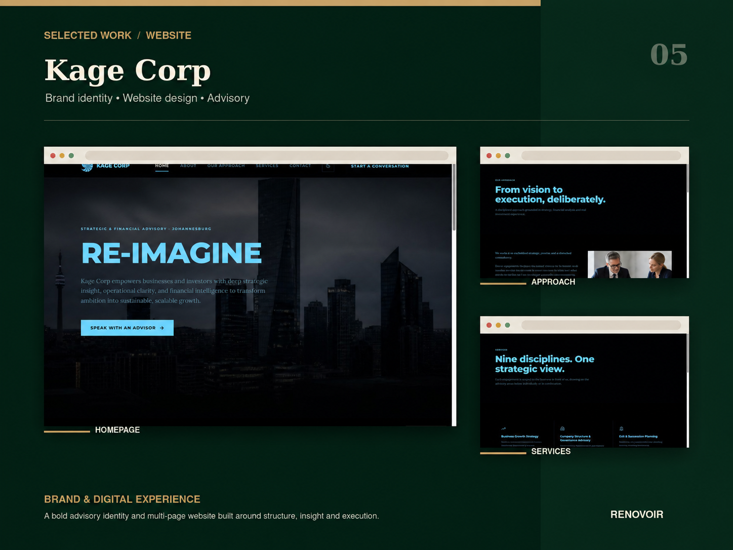 Kage Corp website presentation showing desktop page designs and brand styling.